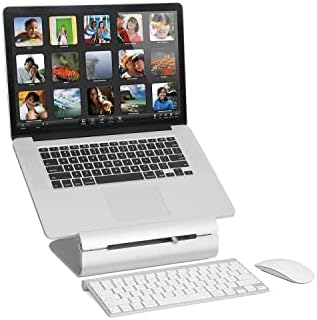 Premium anodized aluminum laptop riser by Rain Design holding a MacBook on a desktop setup