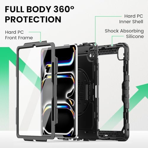 SEYMAC for iPad Pro 13 Inch Case 2024 M4 (7th Gen), Heavy Duty Shockproof Protective Case with Screen Protector, 360° Rotating Stand, Hand/Shoulder Strap and Pen Holder for iPad Pro 13 2024, Black - Image 6