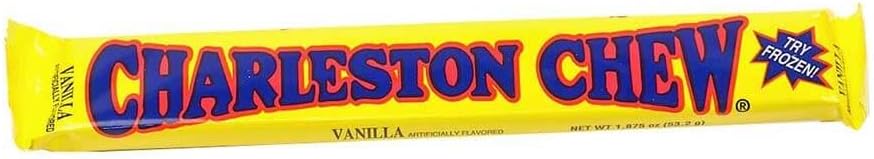 Bite-sized chocolate coated vanilla nougat pieces alongside the classic yellow Charleston Chew Minis packaging.
