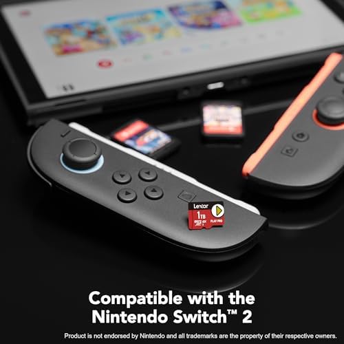 Lexar 1 Terabyte microSD Express card positioned next to a compatible handheld gaming device.