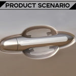 Step by step application process of the transparent protective film on a clean vehicle rearview mirror