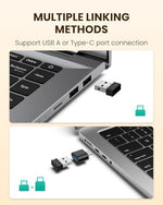 Premium wireless rechargeable mouse showing the dual USB-A and Type-C nano receivers.