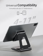 Fully foldable black metal iPad holder collapsed flat for travel portability