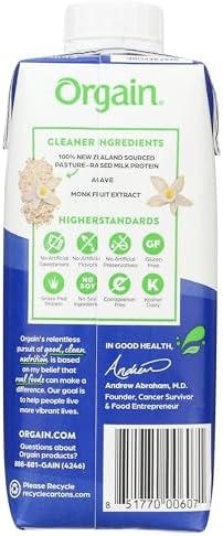 Orgain premium imported low carb vanilla shake bottle back labels and allergens list