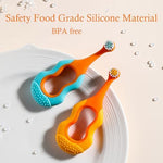 Close up of soft double-layered bristles on an infant toothbrush for gum protection.