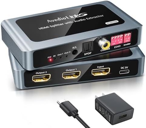 Avedio Links 4K 60Hz dual monitor HDMI duplicator box with optical and coaxial audio outputs.