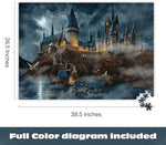 Completed Ceaco Harry Potter Hogwarts Castle jigsaw puzzle showing full moonlit artwork