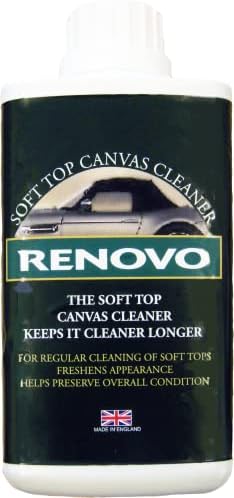 Renovo dark blue soft top reviver fluid restoring rich color to sun-faded luxury car roofs.