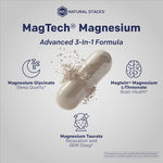 Natural Stacks MagTech magnesium complex bottle displaying third-party lab tested certification seal.