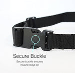 Black soft nylon muzzle for toy breeds side view showing complete adjustable strap assembly.