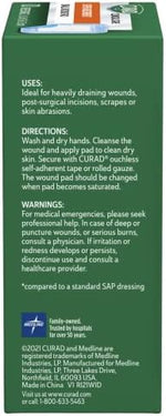 Curad sterile non adhesive polymer dressing demonstrating water repellent protective edges.