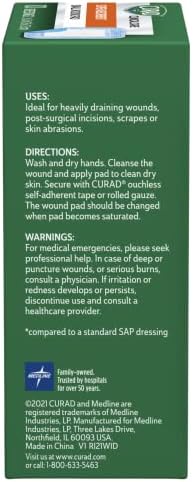 Curad sterile non adhesive polymer dressing demonstrating water repellent protective edges.