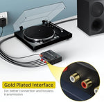 PROZOR moving magnet stereo preamp alongside its certified twelve volt DC power adapter and user manual