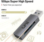 Compact uni memory card adapter plugged into a laptop port showing its slim non-blocking design.