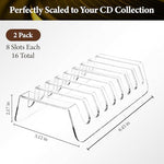 Clear desktop rack organizer holding music jewel cases and a tablet.