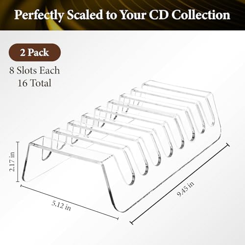 Clear desktop rack organizer holding music jewel cases and a tablet.