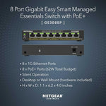 Netgear Smart Managed Plus Switch GS308EP angled view highlighting the compact desktop form factor and durable casing.