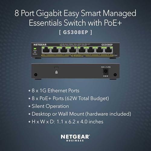 Netgear Smart Managed Plus Switch GS308EP angled view highlighting the compact desktop form factor and durable casing.