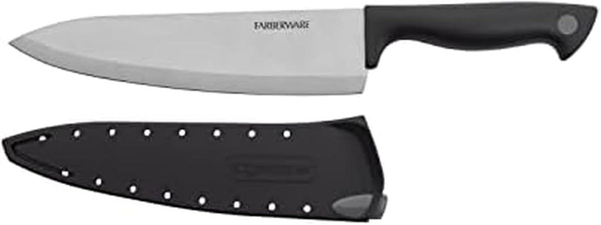 Farberware self-sharpening chef knife showing balanced construction and razor-sharp edge