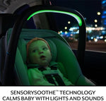 Side profile of Agate Purple Evenflo baby car seat installed securely on the LockStrong vehicle base