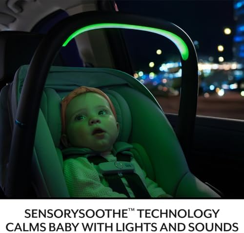 Side profile of Agate Purple Evenflo baby car seat installed securely on the LockStrong vehicle base