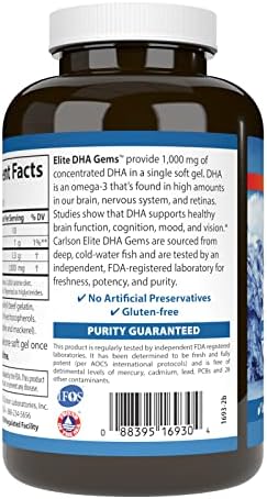 Side angle of Carlson Elite DHA Gems bottle showing the IGEN Non-GMO tested certification seals