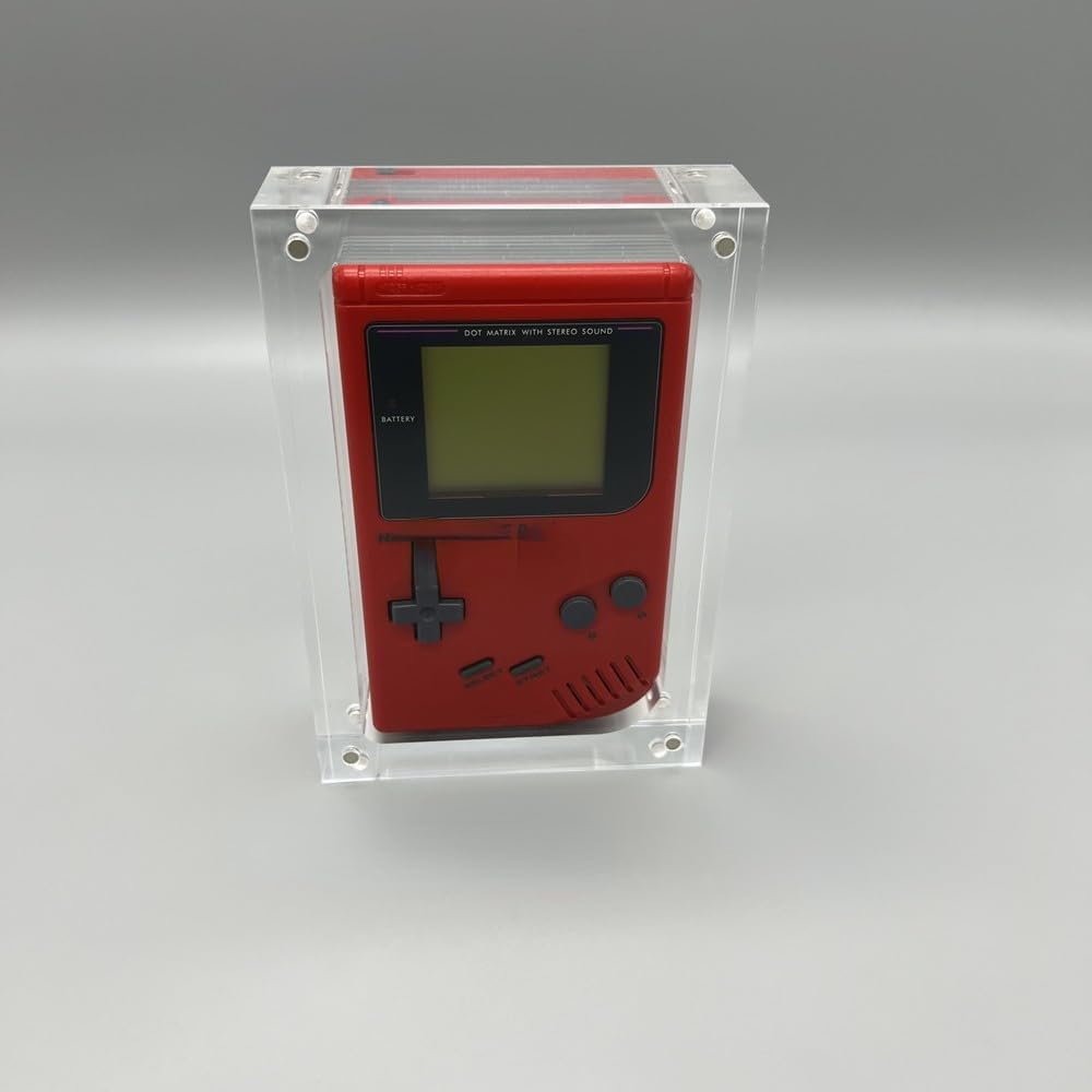 SwOob acrylic display case front view housing a vintage retro game boy console