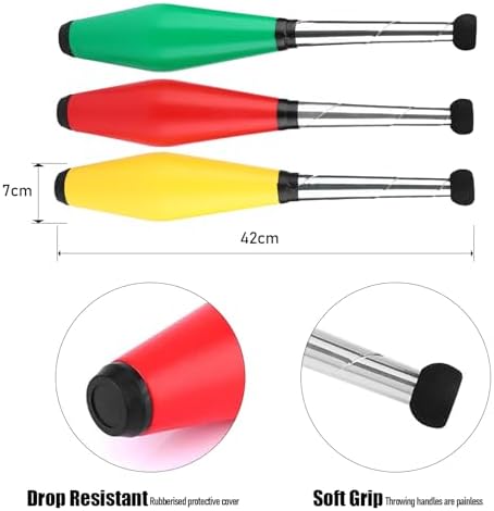 Three 16.5 inch Alvinlite juggling pins arranged neatly to showcase the vibrant color selection