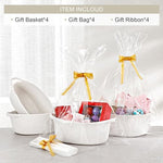 White woven gift baskets four pack with included ribbons and bags