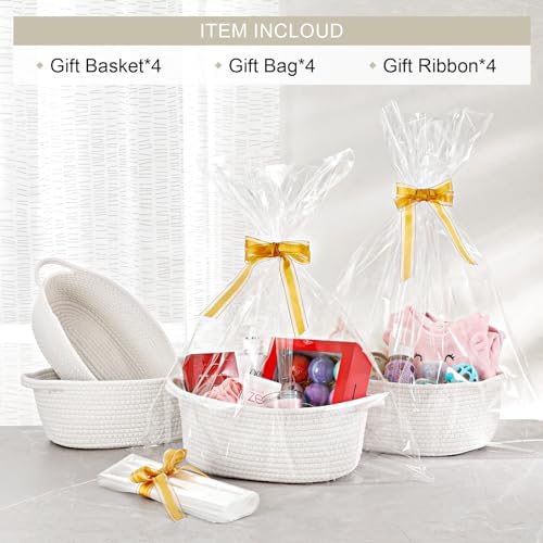 White woven gift baskets four pack with included ribbons and bags