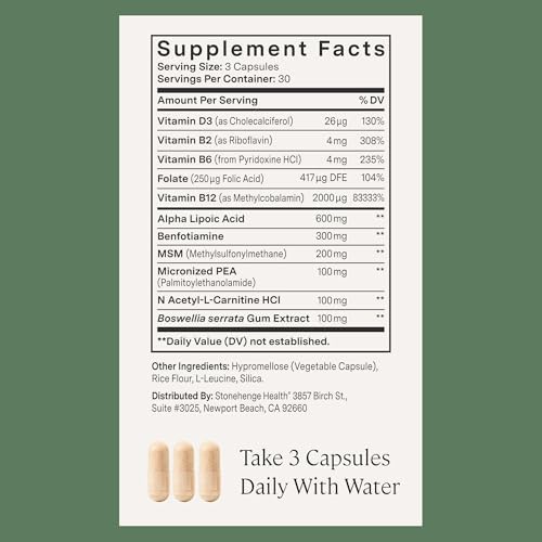 Side view of Stonehenge Health Dynamic Nerve 90 capsules packaging showing quality certifications.