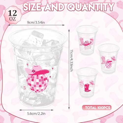 Western theme cowgirl party cups with boots and disco ball graphic
