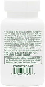 NaturesPlus Copper 3 mg supplement facts label showing soy amino acid chelate ingredients