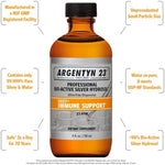 Argentyn 23 Professional Formula Colloidal Silver liquid supplement bottle showing ingredients and clear usage directions