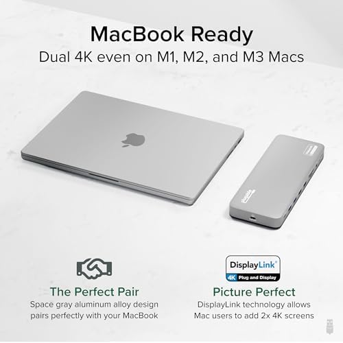 Plugable dual 4K workstation setup with Apple MacBook Pro laptop connected via a single cable