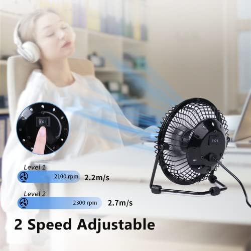 Zuvas four inch small electric fan back view displaying the speed control toggle button and integrated USB cable connection.