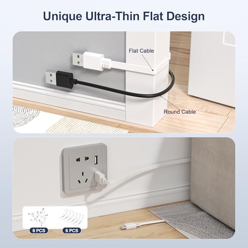 Close up view of the Itramax twenty feet charging cord demonstrating the slim profile routing under a rug.