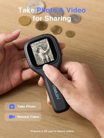 TOMLOV P10 Evo rechargeable coin microscope showing the USB port connection for Windows and macOS laptops
