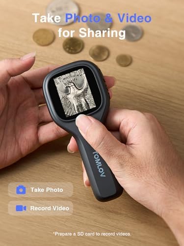 TOMLOV P10 Evo rechargeable coin microscope showing the USB port connection for Windows and macOS laptops