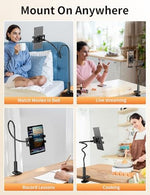 Packaging box illustration of the bokilino gooseneck mount highlighting broad compatibility with tablets and gaming consoles.