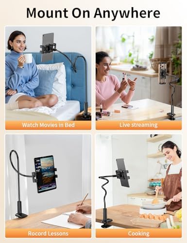 Packaging box illustration of the bokilino gooseneck mount highlighting broad compatibility with tablets and gaming consoles.