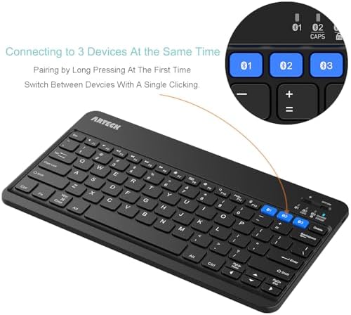 Arteck ultra slim portable multi device keyboard angled profile highlighting the zinc alloy back shell design.
