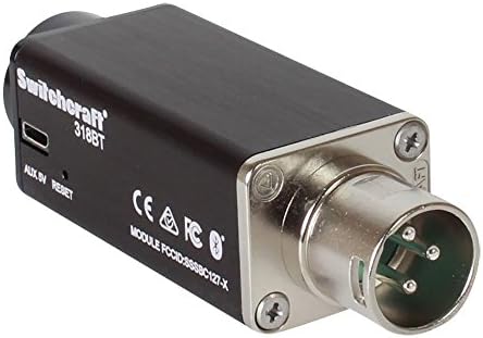Switchcraft 318BT wireless receiver showing the durable anodized aluminum housing and micro USB external power port connection.