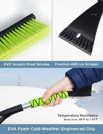Autovir scratch-free snow brush with durable bristles sweeping frost off a car window.