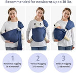 Ergonomic infant positioning inside the CUBY dark blue ring sling