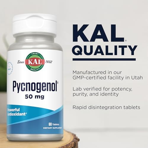Authentic USA imported KAL Pycnogenol supplement bottle showing dietary supplement facts.