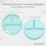 Three WeeSprout divided silicone plates in blue green and pink