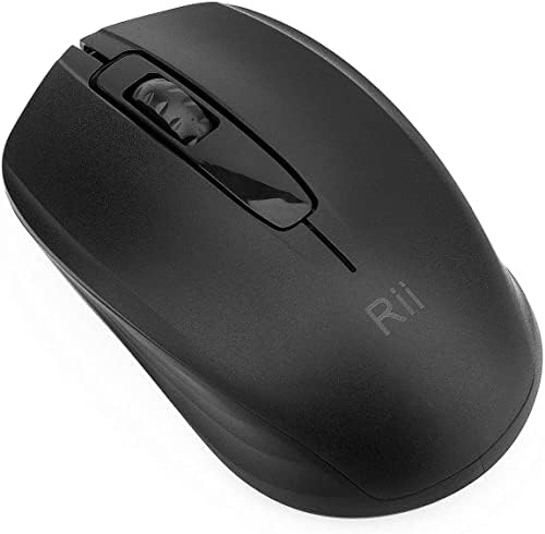 Rii noiseless office mouse held next to a laptop demonstrating compact travel friendly size proportions.