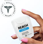 REACH unflavored waxed floss for adults and kids showing 55 yards length