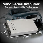 Soundstream Picasso Nano PN4.2000DX 2000 Watts amplifier unboxed with included mounting hardware and line level harnesses.